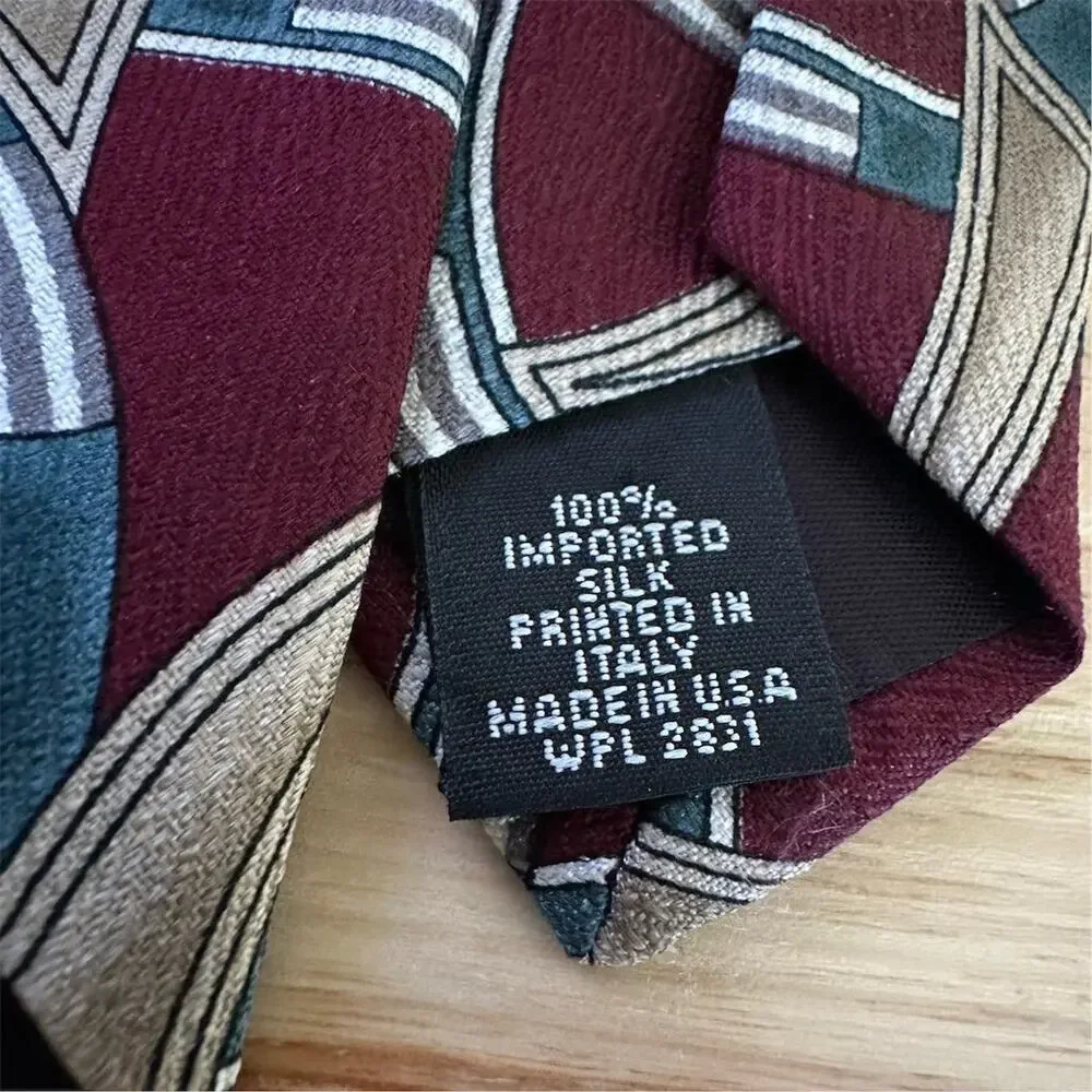 Henry Grethel Men's‎ Handmade Silk Tie Geometric Abstract Maroon blue Pattern